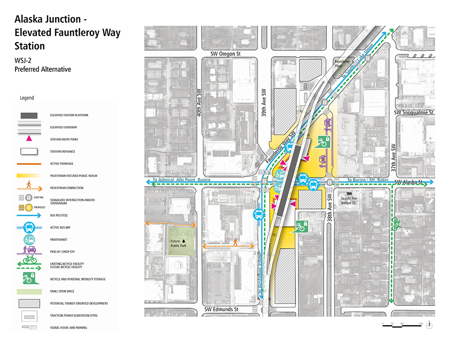 A map that describes how pedestrians, bus riders, bicyclists, and drivers could access the Alaska Junction - Elevated Fauntleroy Way Station Alternative.